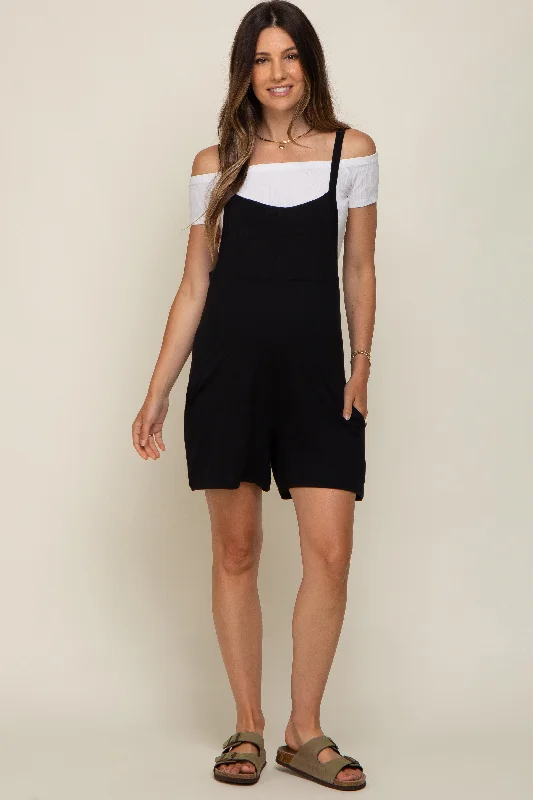 Black Front Pocket Overall Knit Maternity Romper