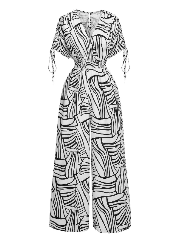 Black & White 1930s Geometric V-Neck Jumpsuit