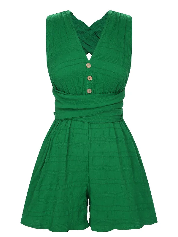 Bright Green 1950s Solid Tie Up Romper