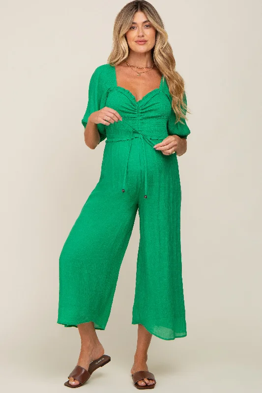 Green Smocked Drawstring Front Short Sleeve Maternity Jumpsuit