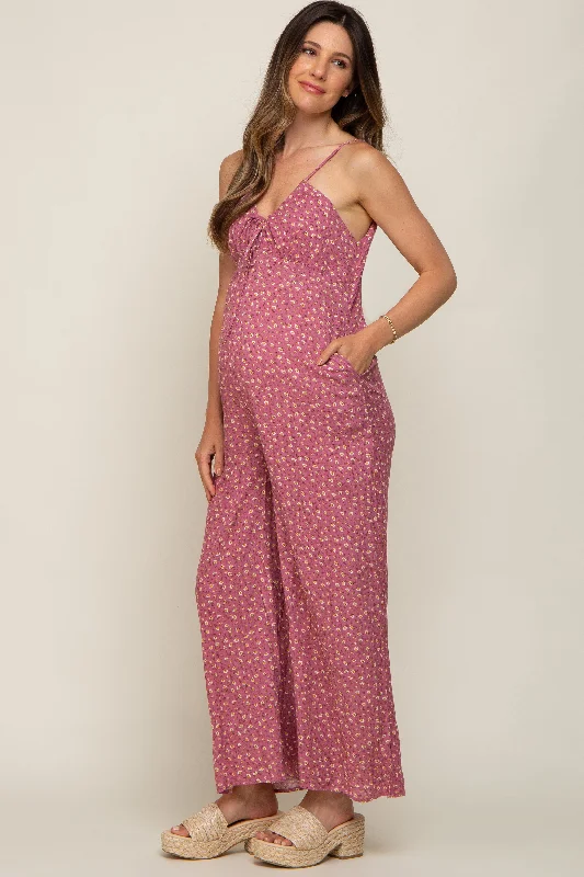 Mauve Floral V-Neck Front Tie Sleeveless Maternity Jumpsuit