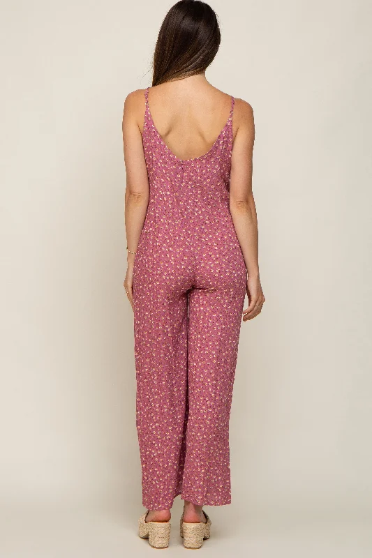 Mauve Floral V-Neck Front Tie Sleeveless Maternity Jumpsuit