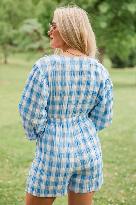 Oh Happy day Light Blue Checkered Ruffle Detail Romper FINAL SALE