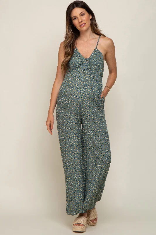 Olive Floral V-Neck Front Tie Sleeveless Maternity Jumpsuit