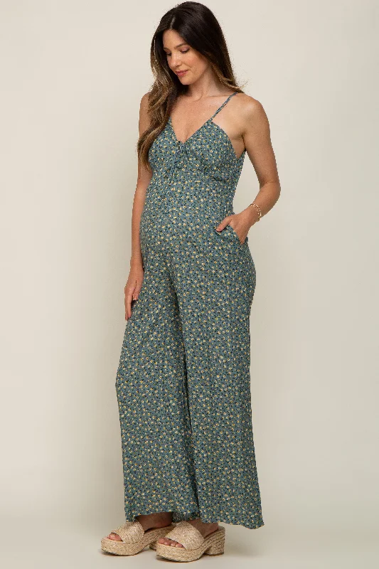 Olive Floral V-Neck Front Tie Sleeveless Maternity Jumpsuit