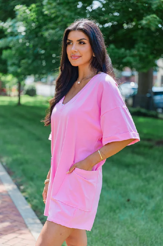 On A Daily Basis Pink Deep V-Neck Pocketed Romper