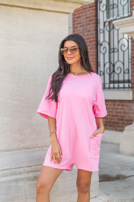 On A Daily Basis Pink Deep V-Neck Pocketed Romper