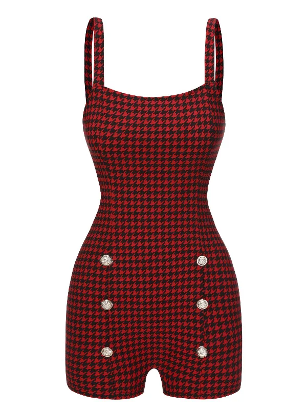 Red 1950s Spaghetti Strap Button Plaids Romper