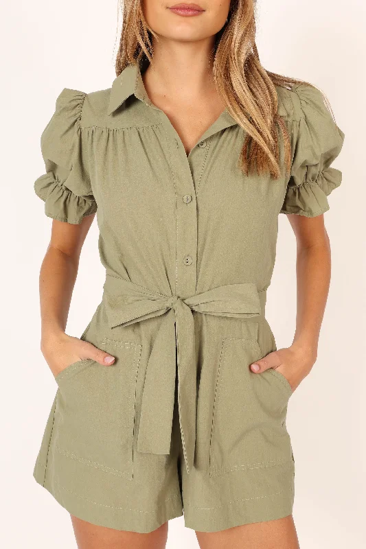 Riley Waist Tie Romper - Olive