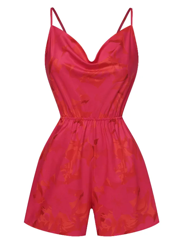 Rose Red 1950s Floral Backless Romper