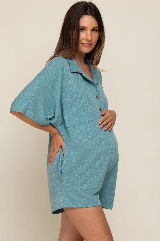 Teal Heathered Front Button Maternity Romper