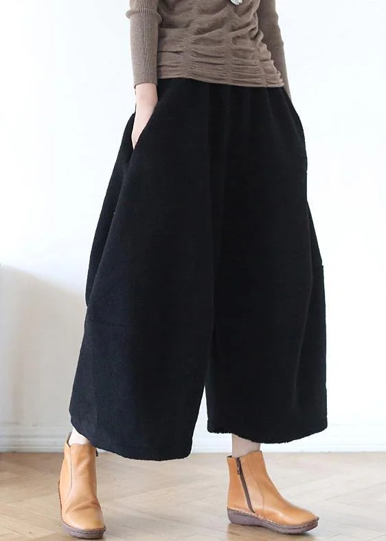 100% wide leg pants stylish black elastic waist trousers