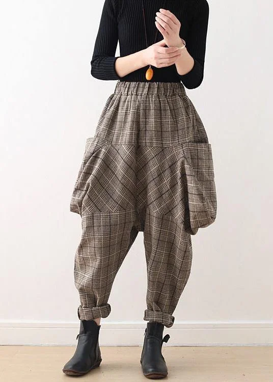 19 original design literary loose knitted brown plaid harem pants