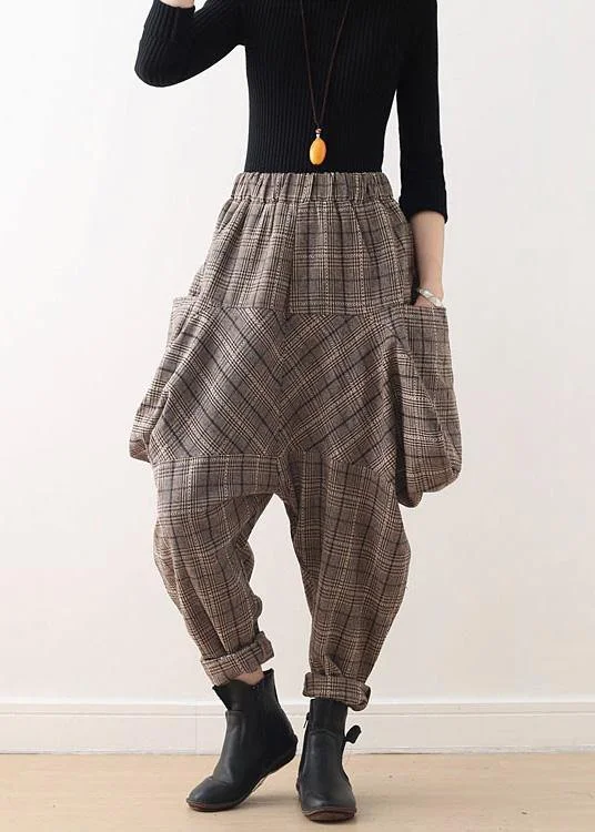 19 original design literary loose knitted brown plaid harem pants