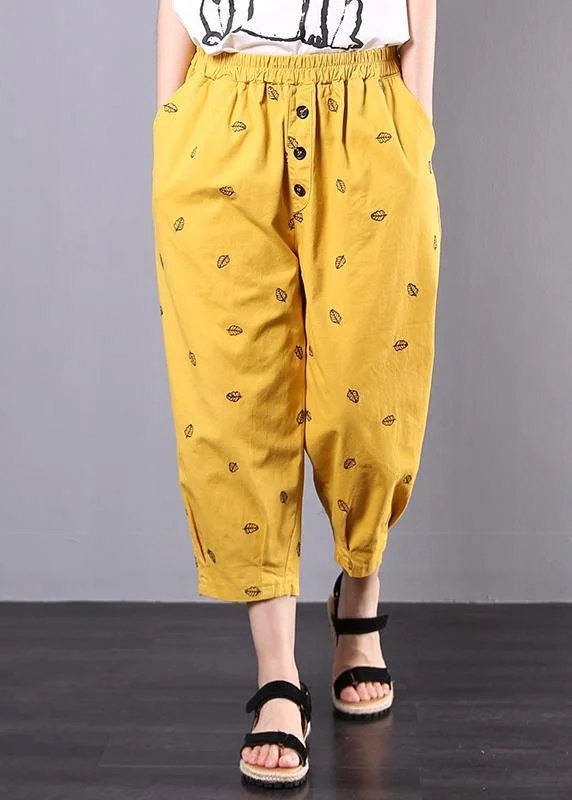 2024 yellow embroidery loose elastic waist pants