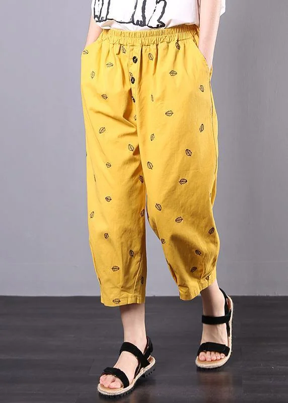 2024 yellow embroidery loose elastic waist pants