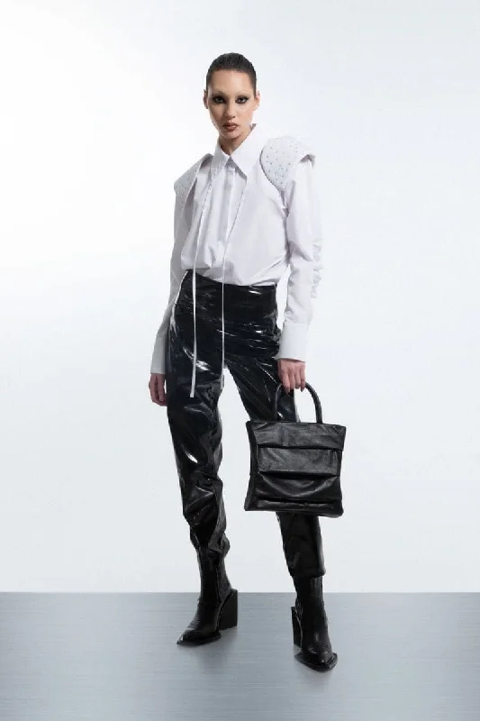 BLACK FAUX LEATHER CRUMPLED PANTS