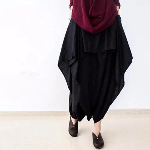 Black layered linen pants oversized cotton trousers