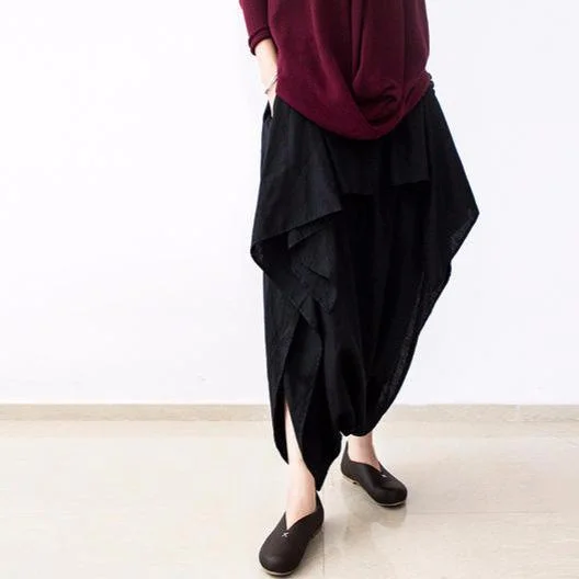 Black layered linen pants oversized cotton trousers