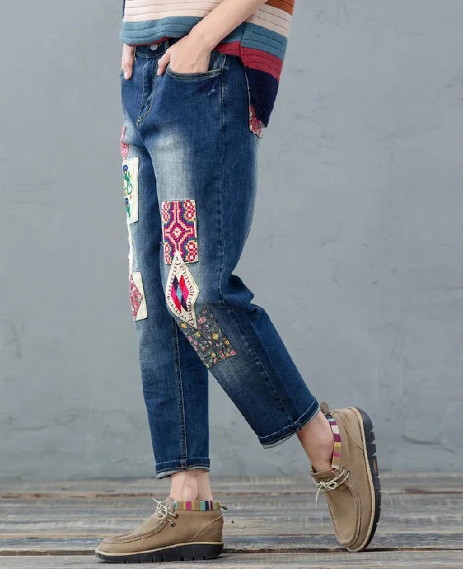 Blue embroidered denim pants stylish weekend women trousers