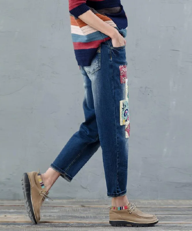 Blue embroidered denim pants stylish weekend women trousers