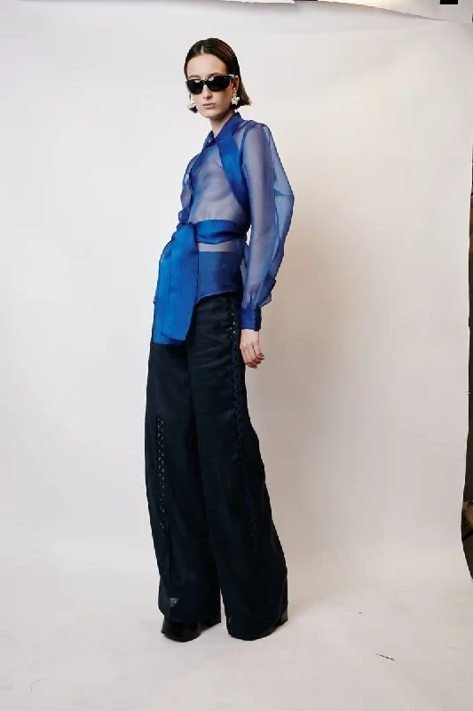 BLUE LINEN PANTS WITH ZIGZAG DETAILS