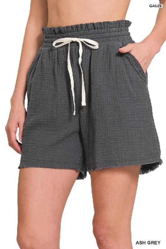 GAUZE ELASTICBAND DRAWSTRING WAIST SHORTS POCKET - Final Sale