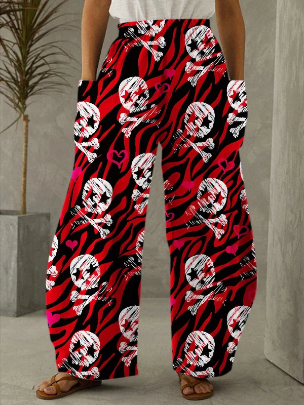 Halloween Skull Zebra Print Loose Elastic Waist Trousers