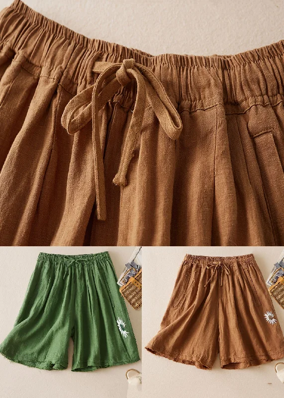 Loose Green Embroideried Pockets Patchwork Linen Shorts Summer