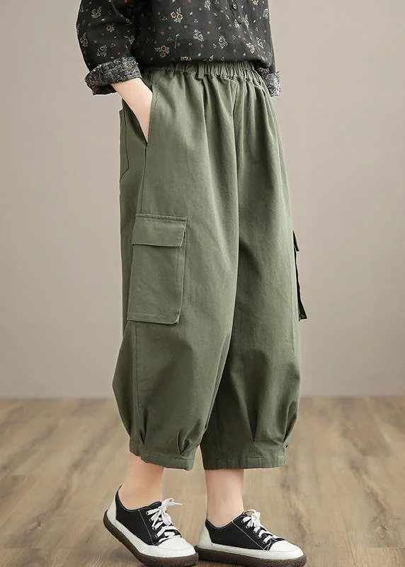 Unique Army Green High Waist Stylish Spring Elastic Waist Pockets Shape Wild Trousers