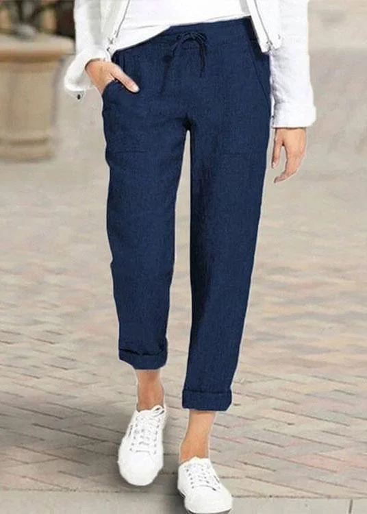 Women Casual Solid Color Elastic Waist Side Pockets Trouser Pants