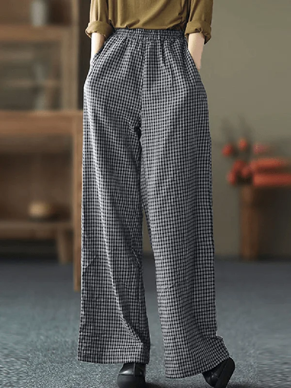 Women Plaid Wide-Legged Elastic Waist Side Pocket Ankle Length Loose Pants